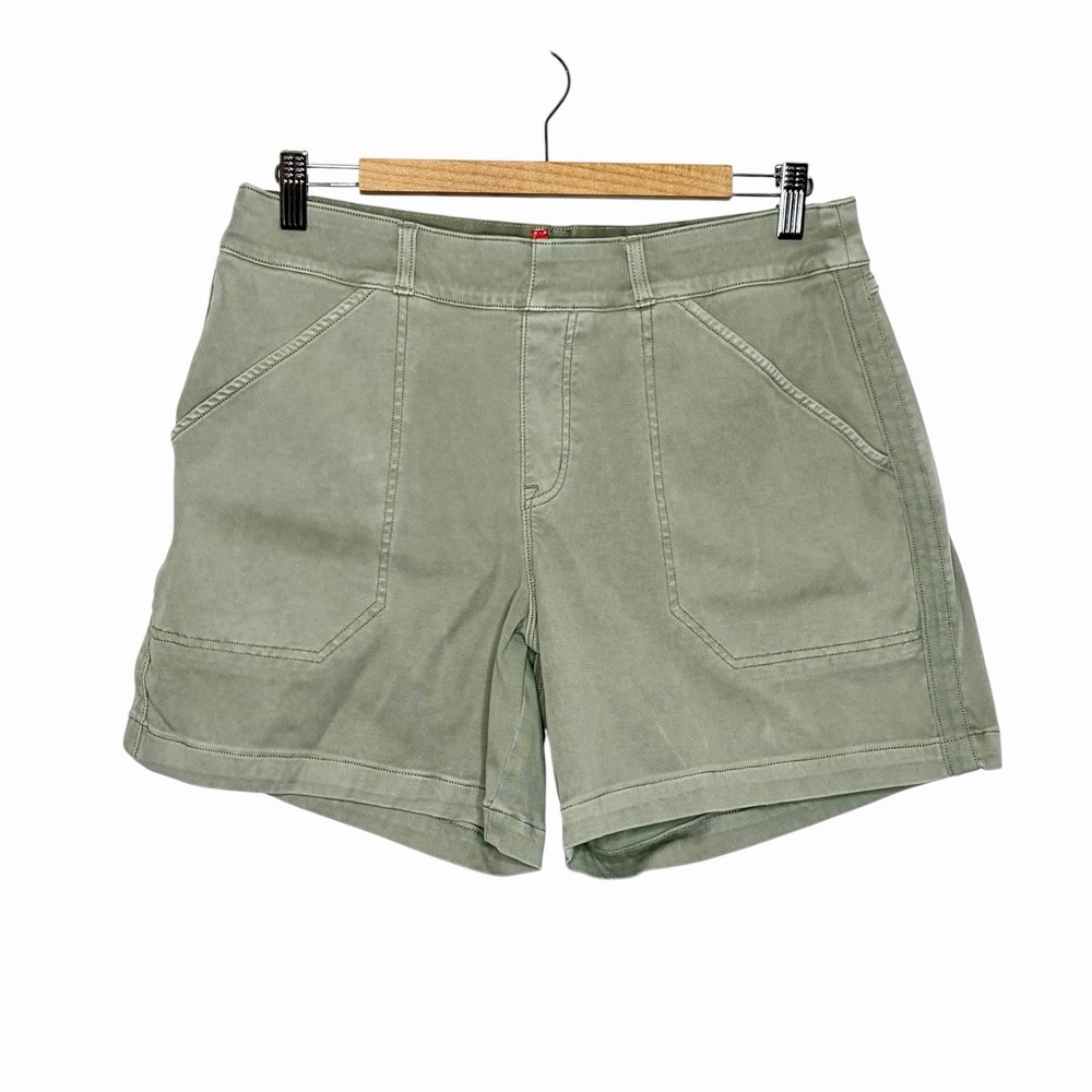 Spanx Stretch Twill Shorts 6" Green Womens Size L Pull On Mid Rise Slimming